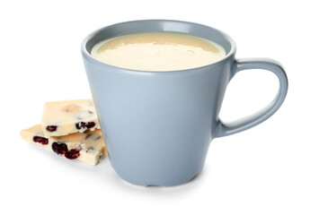 Cup with hot chocolate on white background