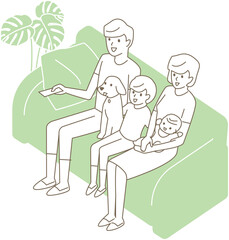 ソファに座ってテレビを見る４人家族とペットの犬