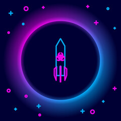 Glowing neon line Biohazard rocket icon isolated on black background. Rocket bomb flies down. Colorful outline concept. Vector