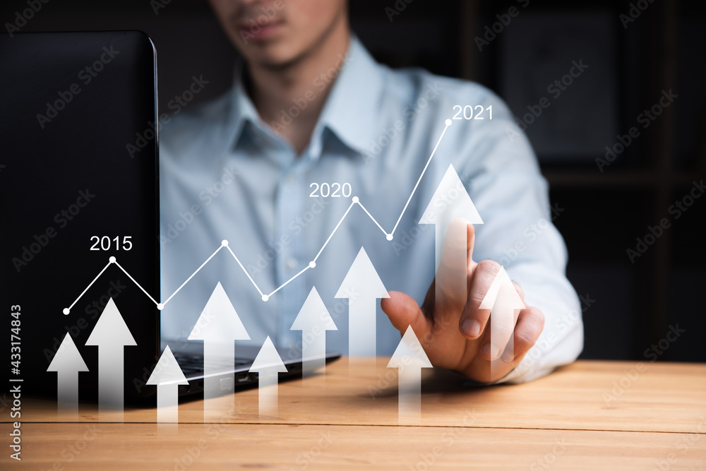 Poster man working in computer with growth