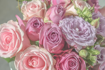 Bouquet of pastel colored pink and purple roses, close-up