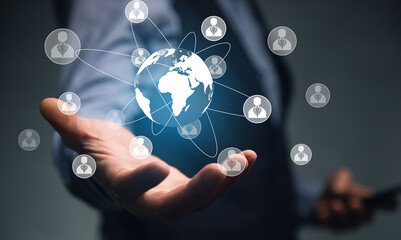 man holding smart phone with global network