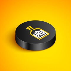 Isometric line Alcohol drink Rum bottle icon isolated on yellow background. Black circle button. Vector