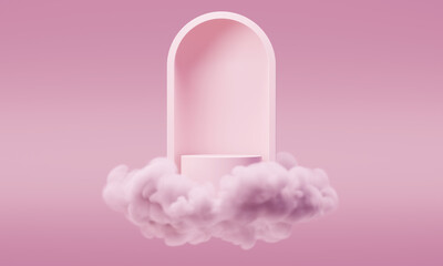 3D mock up podium podium with an abstract minimalistic arch in a cloud in a light pink palette in a mid century style. Modern platform for product presentation.