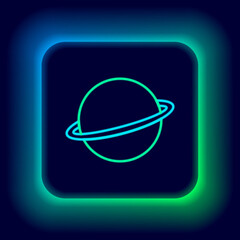 Glowing neon line Planet Saturn with planetary ring system icon isolated on black background. Colorful outline concept. Vector