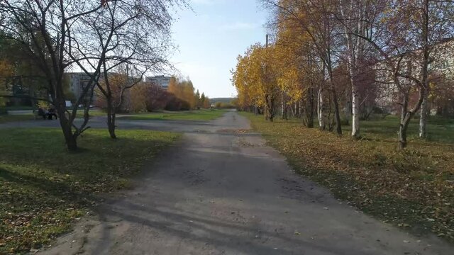 Drone view of alley with trees in provincial autumn city with soviet panel five-story houses. There are yellow leaves on the trees. The leaves fall from the trees. Sunny day
