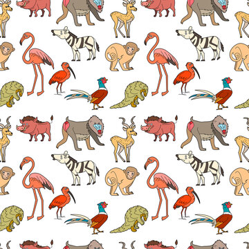 Endless texture with cute funny animals living in Africa. Seamless pattern with pheasant, flamingo and monkey for kid design