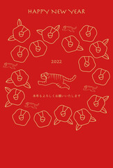 椿の花とトラの金色の線画、赤色の背景の年賀状イラスト