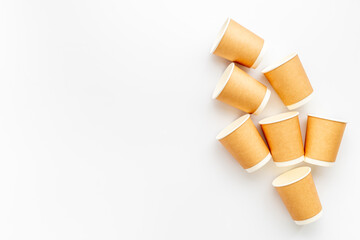 Paper take away coffee cups flat lay. Top view