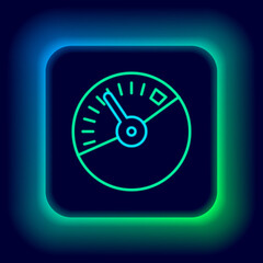 Glowing neon line Speedometer icon isolated on black background. Colorful outline concept. Vector