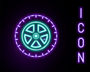 Glowing neon line Car wheel icon isolated on black background. Colorful outline concept. Vector