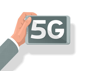 Hand holding phone with 5g symbol isolated.