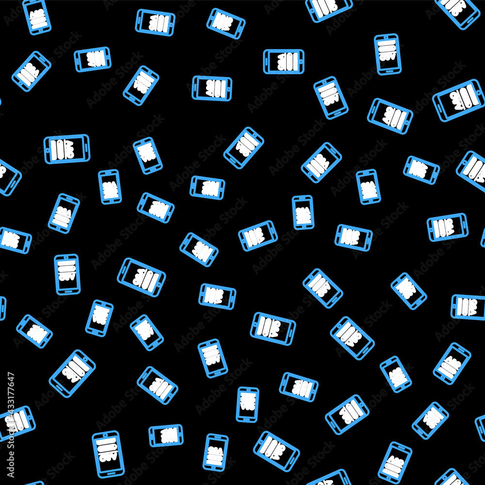 Poster line mobile phone with question and exclamation icon isolated seamless pattern on black background. 