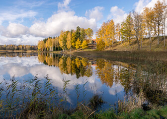 colorful autumn panoramas with yellow trees by the lake, beautiful and colorful reflections in the calm lake water, golden autumn