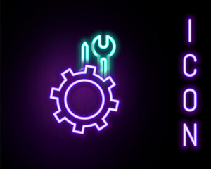Glowing neon line Wrench and screwdriver in gear icon isolated on black background. Adjusting, service, setting, maintenance, repair, fixing. Colorful outline concept. Vector