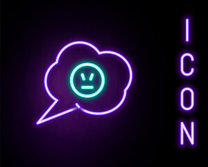Glowing neon line Speech bubble with angry smile icon isolated on black background. Emoticon face. Colorful outline concept. Vector