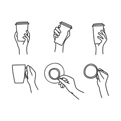 Set of hand drawn doodle sketch vector illustration of various male and female hands in a side view holding coffee or tea disposable to go paper cups. Isolated on white background.