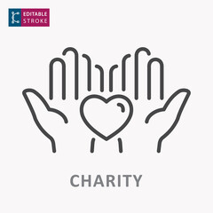 Charity line icon. Symbol of solidarity, help, care. Editable stroke.
