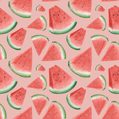 Watermelon seamless pattern. Watercolor slice of watermelon endless print on a pink background. Hand-drawn juicy watermelon repeat backdrop. Summer illustration. Watermelon wallpaper.