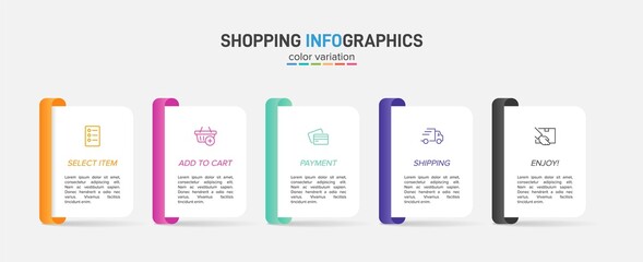 Concept of shopping process with 5 successive steps. Five colorful graphic elements. Timeline design for brochure, presentation, web site. Infographic design layout.