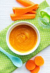 Baby carrot mashed with spoon in bowl