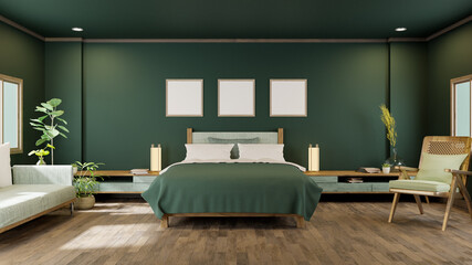 bedroom interior and decoration with green bedding sheet green classic wall - 3D Rendering