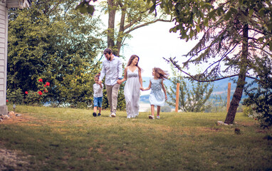 Happy family in backyard.  Weekend with family.