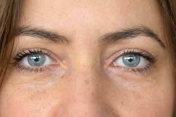 Close up on the grey blue eyes of a middle-aged woman