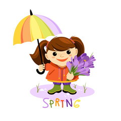 Spring time.  Small girl with umbrella and spring flowers. Vector illustration.