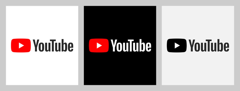 VINNYTSIA, UKRAINE - May 3, 2021: Youtube logo in different forms. Full-colour light logo, full-colour dark logo and monochrome logo.