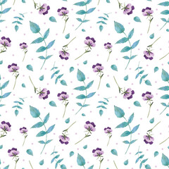 Repeat of watercolor leave and pansies flowers on background. Botanical art. Use for design invitations, birthdays, weddings.