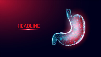 Human stomach pain. Wireframe low poly style. Concept for medical, treatment of the digestive system.  Abstract modern 3d vector illustration on dark blue background.