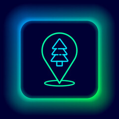 Glowing neon line Location of the forest on a map icon isolated on black background. Colorful outline concept. Vector