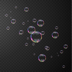 Collection of realistic soap bubbles. Bubbles are located on a transparent background. Vector flying soap bubbles.  Bubble PNG.  Water glass bubble realistic png	