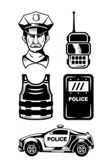 policeman and his duty equipment, hand drawn illustration