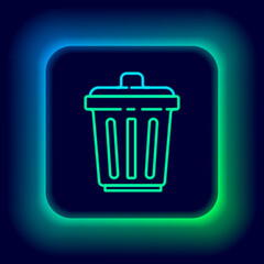 Glowing neon line Trash can icon isolated on black background. Garbage bin sign. Recycle basket icon. Office trash icon. Colorful outline concept. Vector
