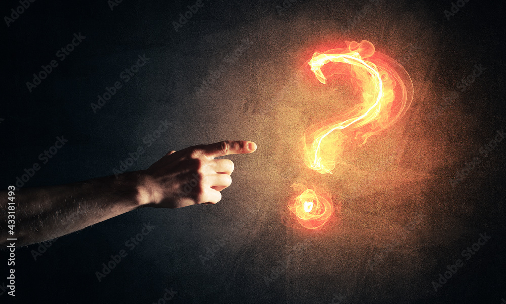 Poster concept of help or support with fire burning question mark and creation gesture