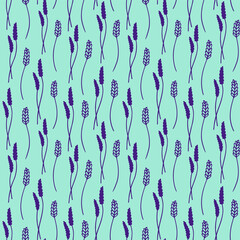 A seamless vector pattern of spikelets in a turquoise-violet color. Floral pattern with herbs. Plant background with beautiful spikelets. Lavender print for textile, fabric, Web page fill, wallpaper.