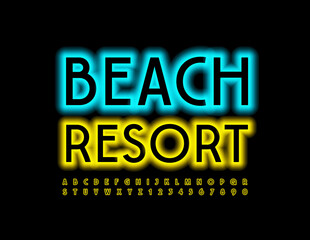 Vector glowing banner Beach Resort. Yellow Neon Font. Illuminated Alphabet Letters and Numbers set