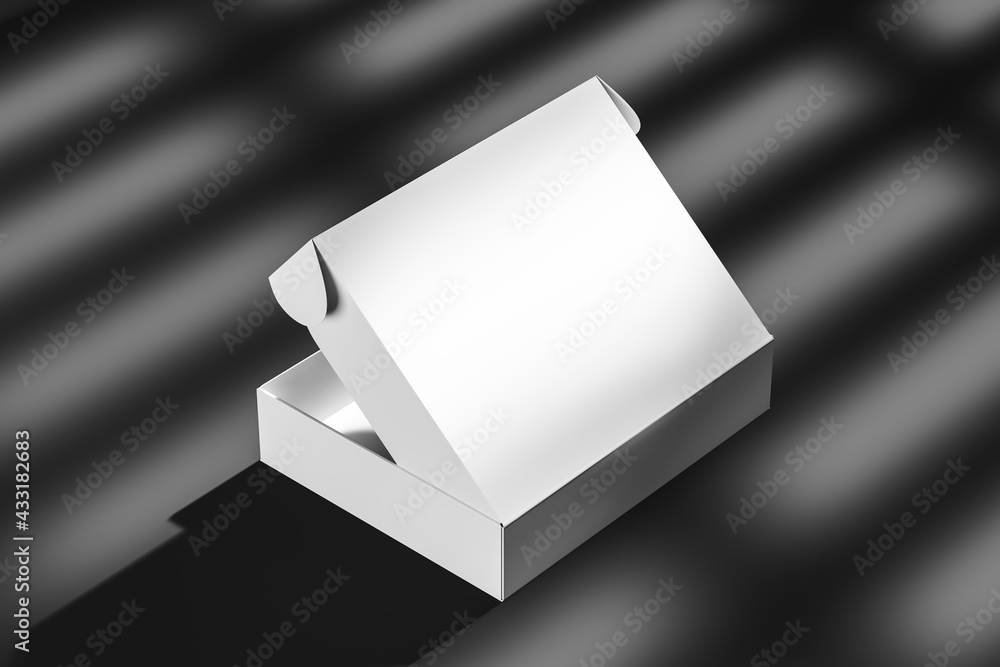 Poster an incompletely open white cardboard box on a black background with a shadow. packaging, gift. side 