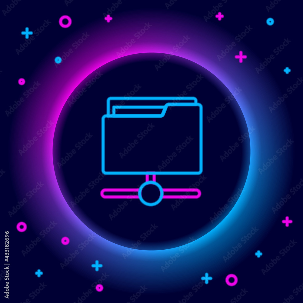 Poster glowing neon line ftp folder icon isolated on black background. software update, transfer protocol, 