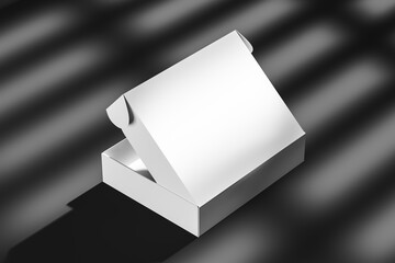 An incompletely open white cardboard box on a black background with a shadow. Packaging, gift. Side view. Mock up. 3d rendering