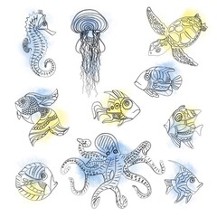 Sea life fish octopus turtle illustration Set