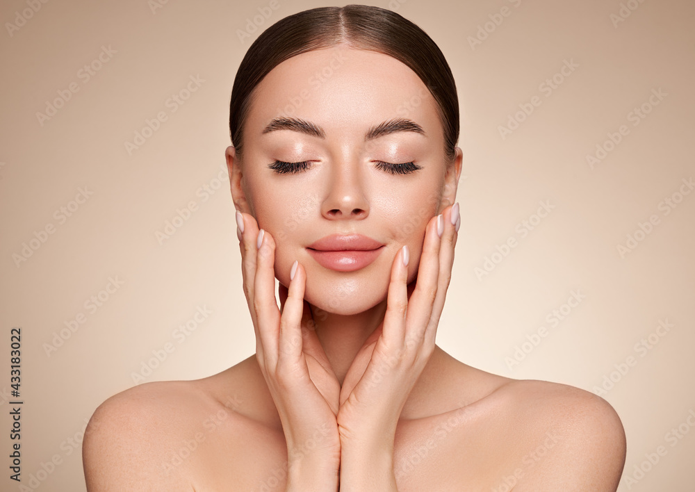 Wall mural portrait beautiful young woman with clean fresh skin. model with healthy skin, close up portrait. co