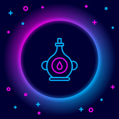 Glowing neon line Oil bottle icon isolated on black background. Colorful outline concept. Vector