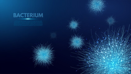 Bacterium. Vector abstract microscopic medical illustration of blue bacteria types, virus or spore close up on dark background. .Concept for science, technology, medicine. Vector illustration.