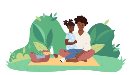 African American mom and daughter are having a picnic in the city park. Flat vector illustration