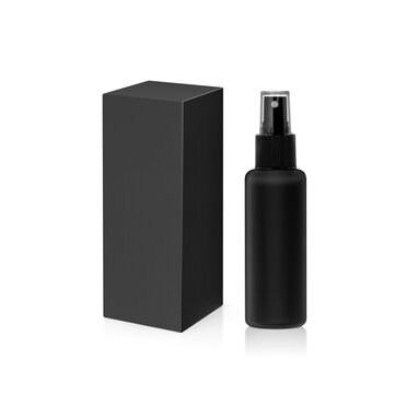 Plastic spray bottles and blank packaging black cardboard box isolated on white background ready for packaging design