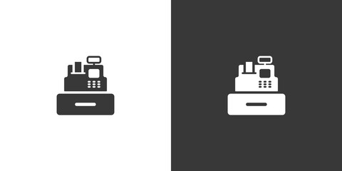 Cash register. Cashier machine. Isolated icon on black and white background. Commerce glyph vector illustration