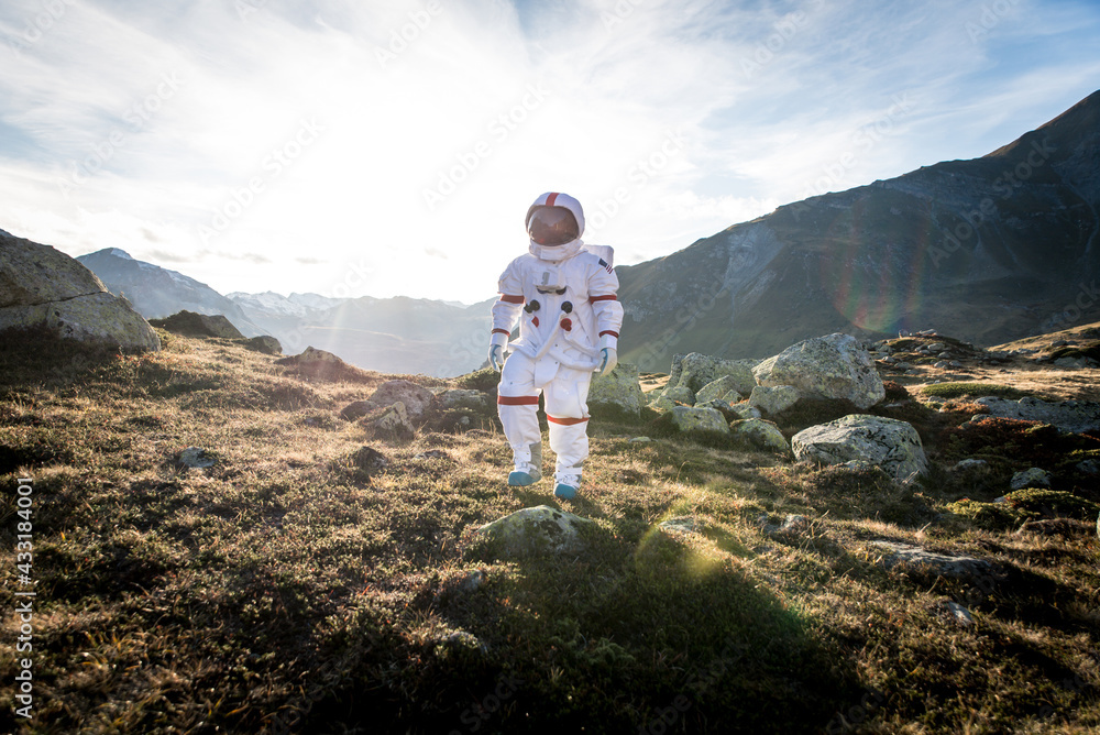 Sticker astronaut exploring a new planet. searching for a new home for humanity. concept about science and n